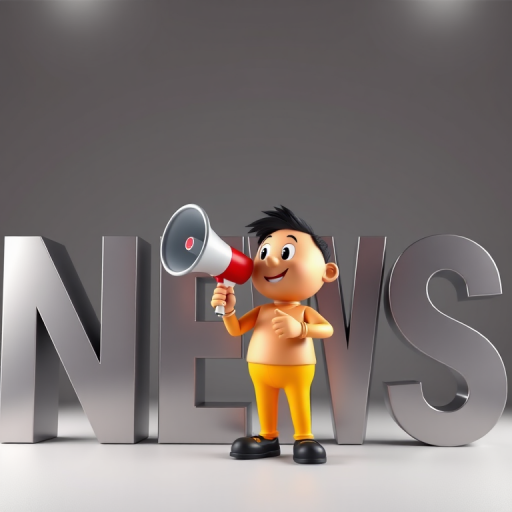Create a 3D rendering of a cartoonish character holding a megaphone, standing beside large metallic letters spelling "NEWS," with a studio lighting setup, 35mm lens, f/8 aperture, ISO 100, and a slight depth of field for a professional look.