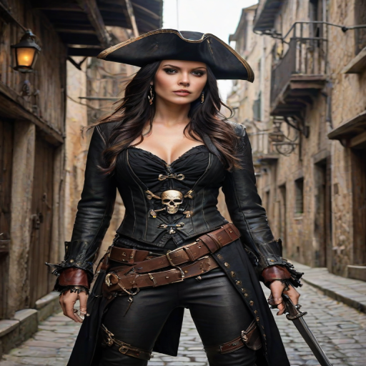 Create a portrait of a fierce female pirate. She wears a leather tricorn hat adorned with a skull and crossbones emblem, and her long, dark hair flows around her face. Her outfit consists of a richly detailed leather jacket, a corset, and multiple layers of belts and accessories, giving her a formidable and stylish appearance. She stands confidently in a dimly lit, historic port town, with a backdrop of weathered buildings and cobblestone streets, capturing the adventurous spirit of a pirate.