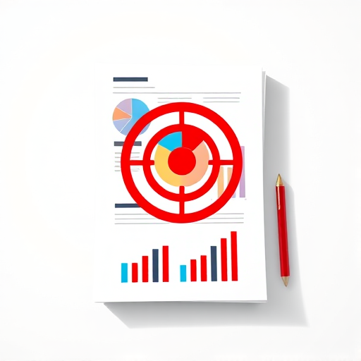 Create a high-resolution digital illustration of a document featuring a pie chart and bar graph with a red target icon overlay, using a Canon EOS 5D Mark IV, 50mm lens, f/2.8 aperture, ISO 100, in a bright studio lighting setup, top-down view for clarity and focus on the details.