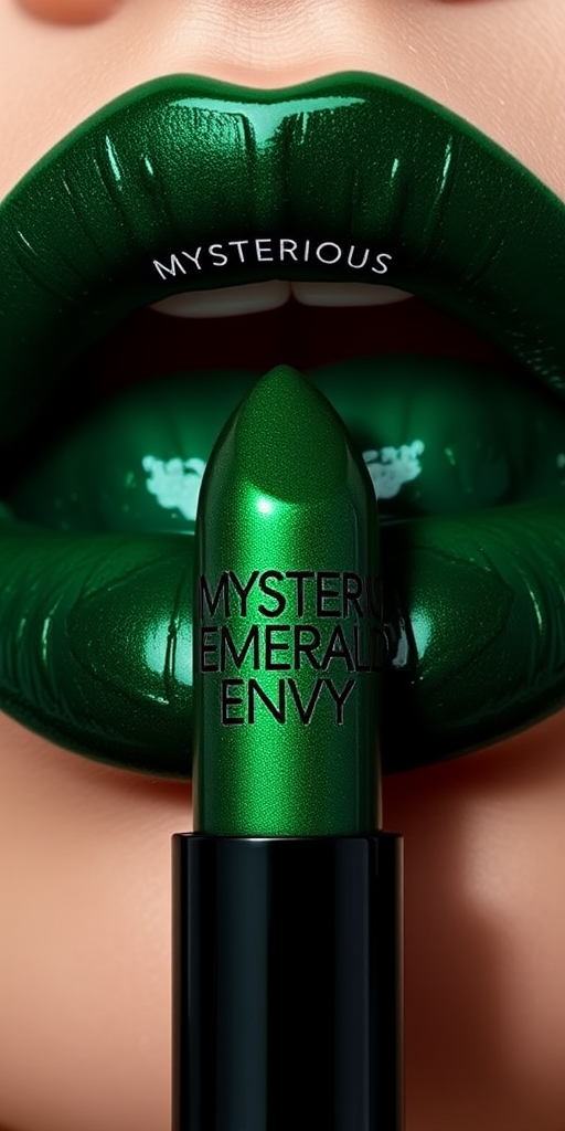 Mysterious Emerald Envy lip color featuring a deep green hue, glossy finish, and color-changing properties, ideal for daring and unconventional makeup looks