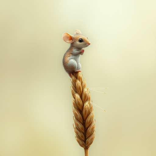 Soft, muted Alcohol Ink with ebru effect background image of tiny whimsical mousey, who climbed high on the top of a golden rye ear.