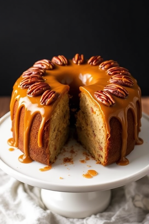 A beautifully decorated round cake with a rich caramel glaze and topped with toasted pecans, partially sliced to reveal its moist interior, placed on a white cake stand with a dark background.