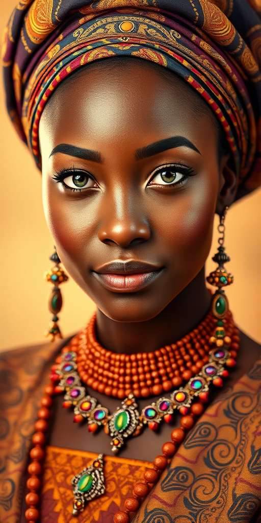 Create a portrait of a beautiful Igbo woman with striking green eyes and a gentle expression. She is adorned in traditional attire with intricate patterns, including a richly embroidered headscarf and matching garments. Her jewelry includes a delicate headpiece, dangling earrings, and ornate bracelets, all featuring vibrant gemstones and detailed metalwork. The background is soft and warm, enhancing the rich colors of her outfit and jewelry.