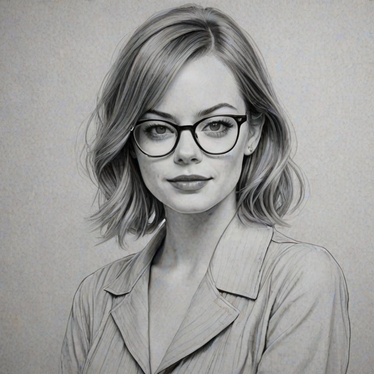 Pleasing Emma Stone, pencil sketch, portrait of Superb woman 1941s in glasses, hair style beatnik, outline, clear lines, fine lines, 8k