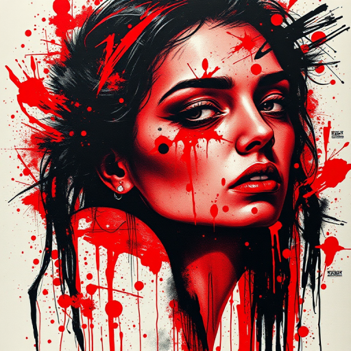 Trash polka tattoo combining photorealistic portraits with abstract brushstrokes, dramatic red and black color scheme, chaotic yet balanced composition, raw and expressive aesthetic