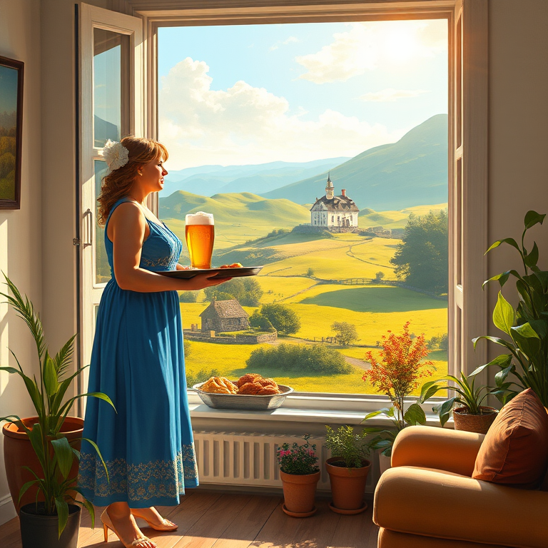 In "A Glass of Beer on the Highland," a serene scene is depicted in a sunlit room where a woman in a vibrant blue dress stands by a large window. She holds a tray with a hearty meal and a frothy glass of beer, embodying a moment of relaxation. Outside, the breathtaking highland landscape features rolling green hills and a charming traditional house, all bathed in warm afternoon light. The interior is adorned with potted plants, creating a harmonious blend of comfort and nature. The painting beautifully captures the tranquility and joy found in simple pleasures amidst stunning scenery