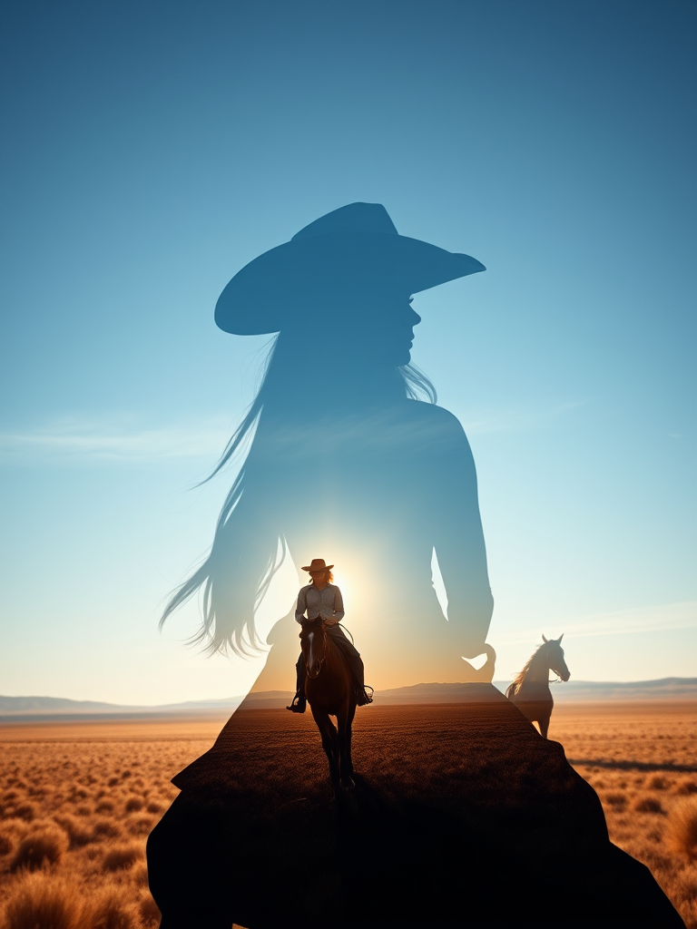 "Create a Double exposure", a silhouette "profile portrait of a young cowgirl" with long hair "superimposed" against a long shot of a cowgirl riding a horse across the plains, fantastic view, 32k, cinematic, hyper-realistic.