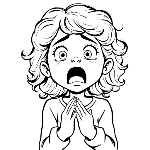 The image is a black and white illustration of a young girl with curly hair. She has a surprised expression on her face with her mouth open and her hands clasped together in front of her chest. Her eyes are wide and her eyebrows are furrowed. Her hair is styled in loose curls that are cascading down her back. The overall mood of the image is one of shock or surprise.
