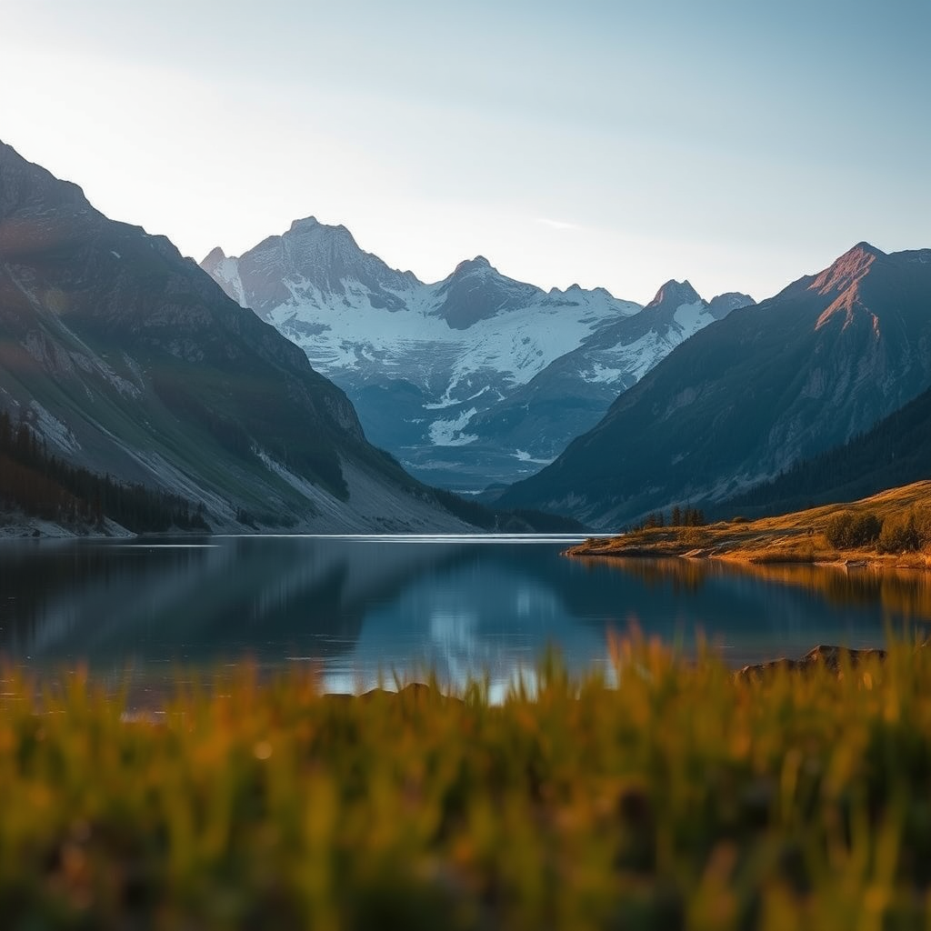 Capture a serene landscape of a lake surrounded by mountainous terrain during golden hour, using a Canon EOS R5 with a 24-70mm f/2.8 lens, aperture set to f/8, shutter speed at 1/125 sec, ISO 100, landscape orientation, focusing on both foreground and reflections in the water.