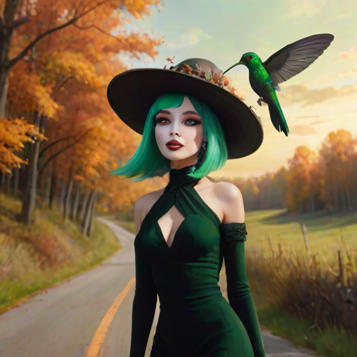 digital art fantasy depicting a strange girl with green hair, long eyelashes, white lipstick and a tall hat walking along a winding road on an autumn afternoon, an Hummingbird smiles as she passes