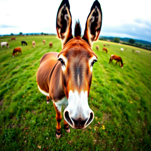 Create a high-resolution polygonal image of a donkey standing in a green field with various grazing animals, using a 50mm lens, f/2.8 aperture, 1/200 sec shutter speed, ISO 100, shot from eye level with a soft focus background to enhance depth.