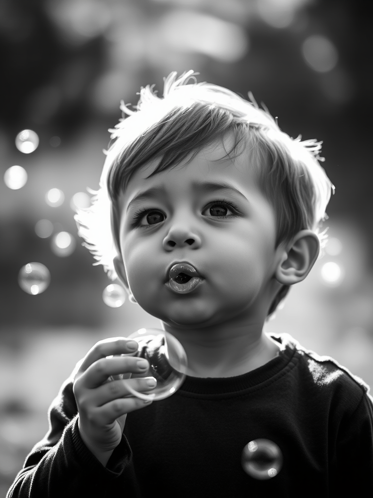 Capture a high-contrast black and white image of a child blowing bubbles, featuring a soft, diffused background with sparkling bubble highlights, using a Canon EOS R5, 50mm f/1.2 lens, aperture set to f/2.8, shutter speed 1/125s, ISO 200, in backlighting for dramatic effect.