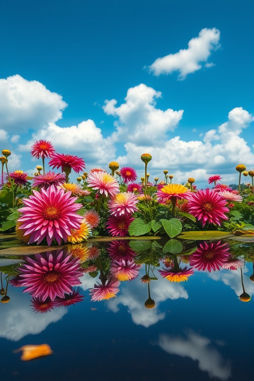 Create a vibrant floral scene featuring dahlias and other flowers reflected in a serene water surface under a bright blue sky with fluffy clouds, captured with a Canon EOS 5D Mark IV, 50mm lens, f/2.8 aperture, ISO 100, and a shallow depth of field.