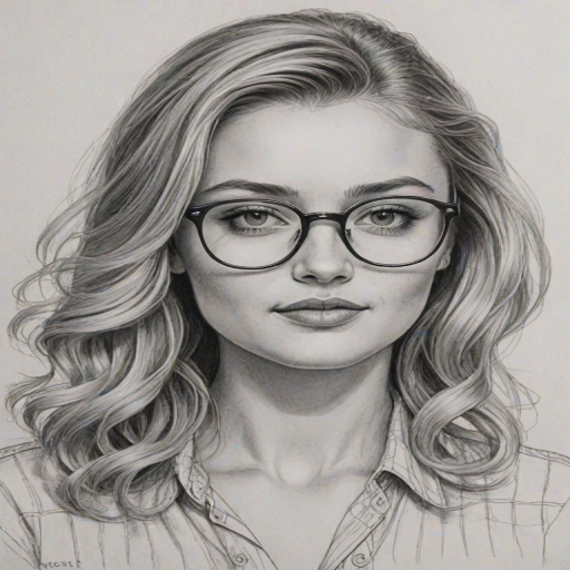 Gorgeous Amanda Michalka, pencil sketch, portrait of Lovely woman 1957s in glasses, hair style beatnik, outline, clear lines, fine lines, 8k
