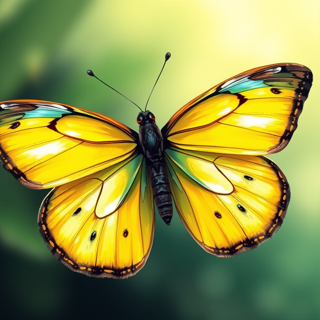 Create an illustration of a butterfly with vibrant yellow wings and teal accents, using a high-resolution digital camera with a 50mm lens, aperture set to f/2.8, ISO 100, shot in macro view to capture intricate details and vivid colors.