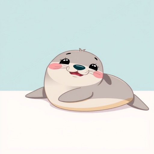Create a cartoon-style illustration of a happy seal lounging on a surface with a minimalist background, using a high-resolution digital camera setting of 300 DPI, a wide-angle lens at f/4 for a deep depth of field, and a soft lighting setup to enhance the colors and features.