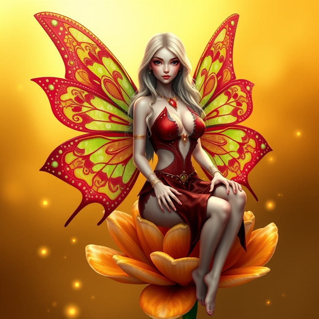 A digital artwork features a winged fairy with delicate Burgundy butterfly wings, adorned with intricate Kiwi andAvocado patterns. She is seated on a vibrant Tan flower, wearing a revealing red two-piece outfit with sparkling beadwork. Her fair skin, long blonde hair, and gold jewelry add to her ethereal appearance. The background is a warm, golden gradient, creating a magical atmosphere. Small glowing orbs and sparkles surround the flower, enhancing the enchanting, highly detailed, and realistic scene.
