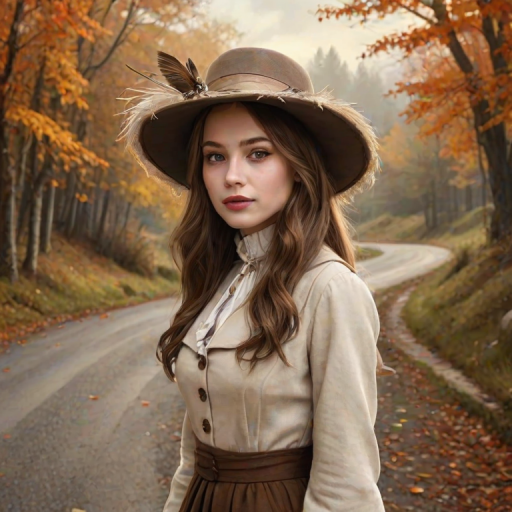 digital art fantasy depicting a strange girl with brown hair, long eyelashes, white lipstick and a tall hat walking along a winding road on an autumn afternoon, an Finch smiles as she passes