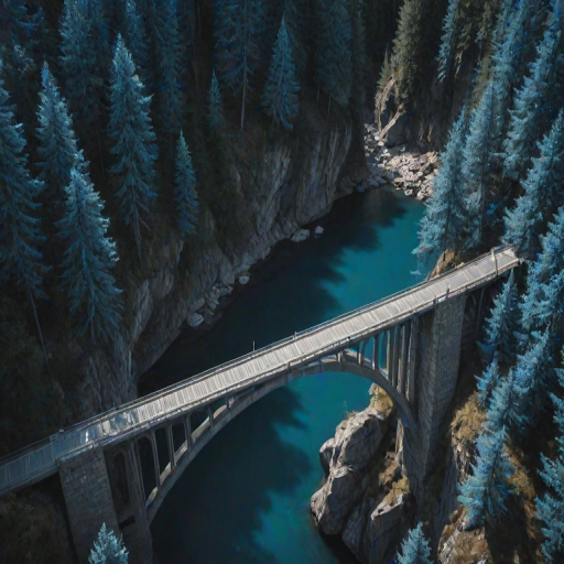 day, natural lighting, bridge focus, CandiBRIDGE, no humans, mountain, water, bridge, blue trees, from above, negative space, scenery, intricately detailed illustration, depth of field, atmospheric perspective, blue theme, monochrome