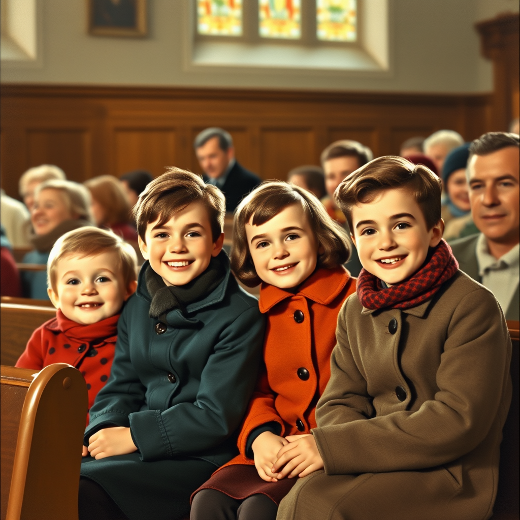 In the style of Norman Rockwell, a 1953 young family, looking pleasantly content is sitting in church, wearing cold weather clothing in autumn colors