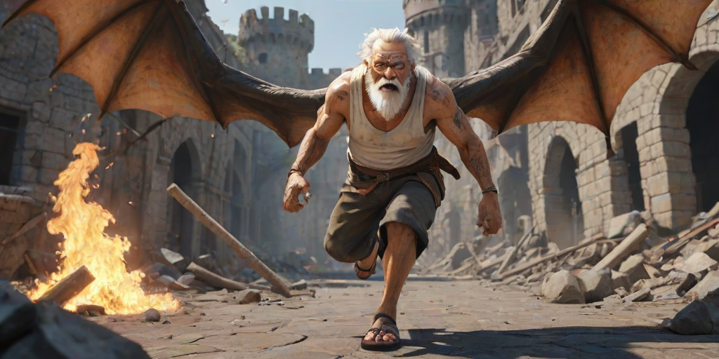 Cartoon 3D High-Resolution,dynamic battle scene using Unreal Engine 5 and Octane Render. The scene features back of an elderly, thai man with a beard,messy hair and round golden-rimmed glasses. He is wearing a tattered tank top with soot marks, shorts, and sandals. sweating. he wields a baseball bat. He jump to fight with a white fire-breathing Europe dragon amidst a partially destroyed stone castle. Include intense flames, smoke, and debris to enhance the dramatic effect.