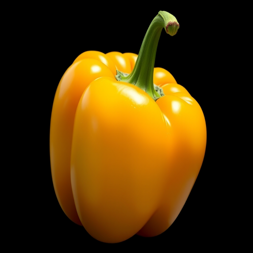 Create a hyper-realistic illustration of a bell pepper with detailed shading and texture, using a DSLR camera with a 50mm lens, aperture set at f/2.8 for a shallow depth of field, shot in natural lighting from a slightly elevated angle to enhance the curves and contours of the pepper.