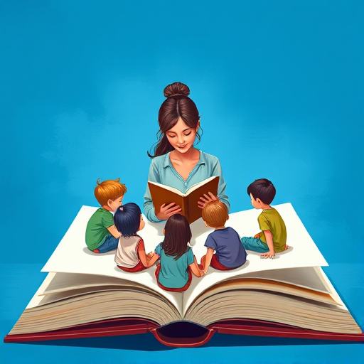 Create an illustration of a woman reading a book to a group of children seated around her on a large open book, use a vibrant blue background, camera settings: ISO 100, aperture f/8, focal length 35mm, view from slightly above the scene to capture the interaction, style: digital art, camera type: DSLR.
