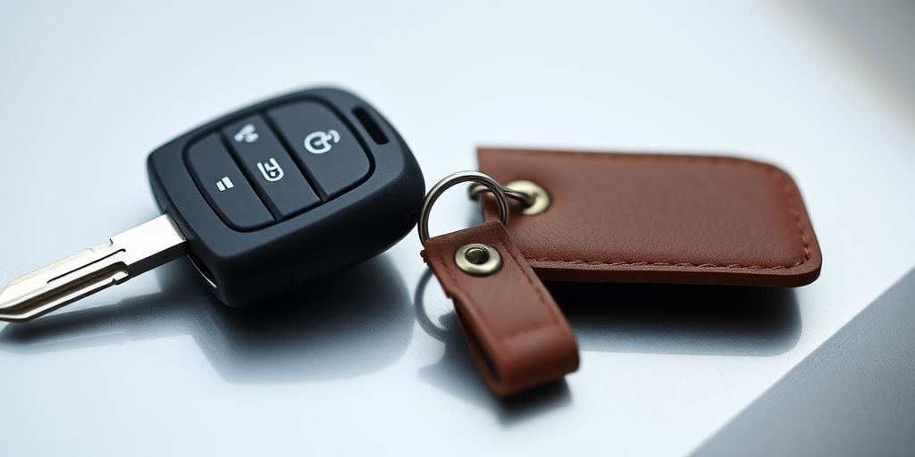 A Close-Up of a Car Key with a Stylish Brown Leather Keychain