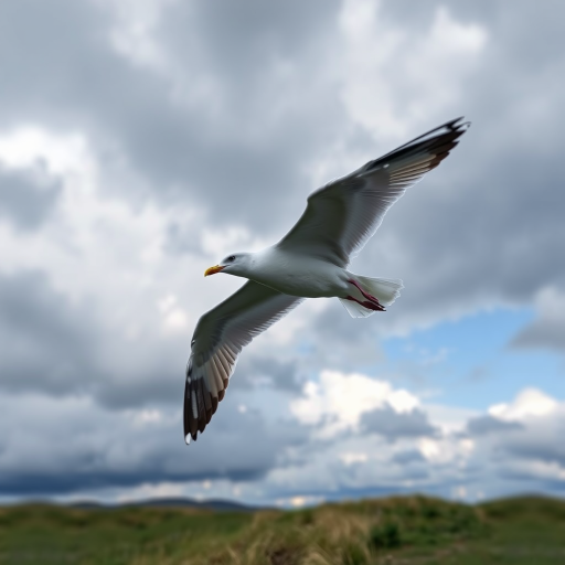 Capture a seagull in mid-flight over a grassy landscape under dramatic cloudy skies, using a DSLR camera with a 200mm lens, f/5.6 aperture, ISO 400, shutter speed 1/1000s, high dynamic range to enhance details and colors.
