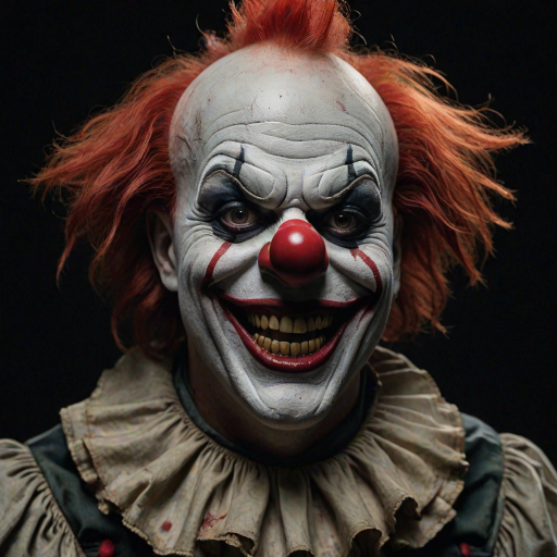Create a hyper-realistic, dark, and eerie clown with a sinister smile, set against a black background. The clown should have exaggerated makeup with sharp, contrasting colors to enhance its menacing appearance. The overall atmosphere should be unsettling and intense, capturing a sense of horror and suspense