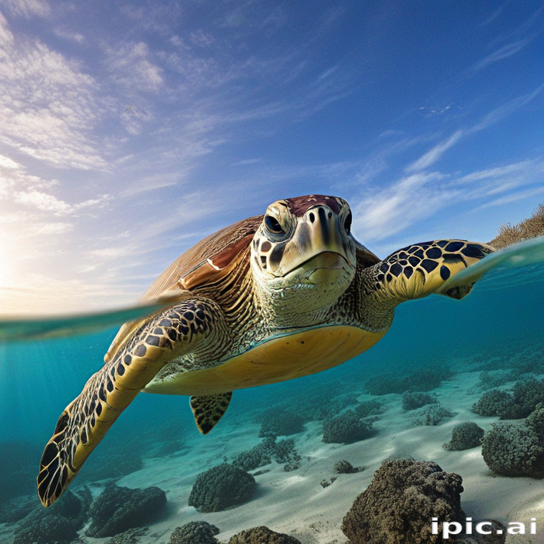 A Graceful Sea Turtle Swimming Through Clear Ocean Waters Under Bright Sky.