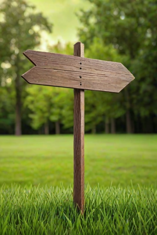 generate an illustration of a wooden signpost with a blank surface, attached to a brown wooden pole, set against a simple green grass background