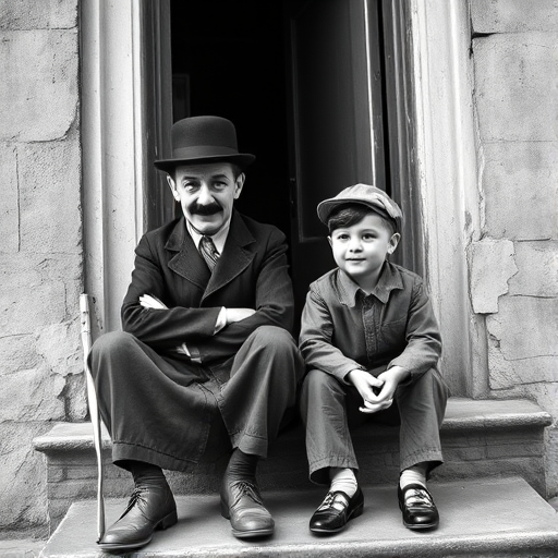 A black-and-white photograph of a man and a child sitting on steps in front of a doorway. The man is dressed as a tramp with a bowler hat, mustache, and ragged clothes, reminiscent of Charlie Chaplin's iconic look. He is sitting with his arms crossed and an expression of slight sadness or frustration. Next to him is a young boy, also in worn clothes and a cap, sitting with his hands clasped, looking thoughtful. The background is an old, textured wall and a partially open door, creating a vintage, early 20th-century atmosphere.