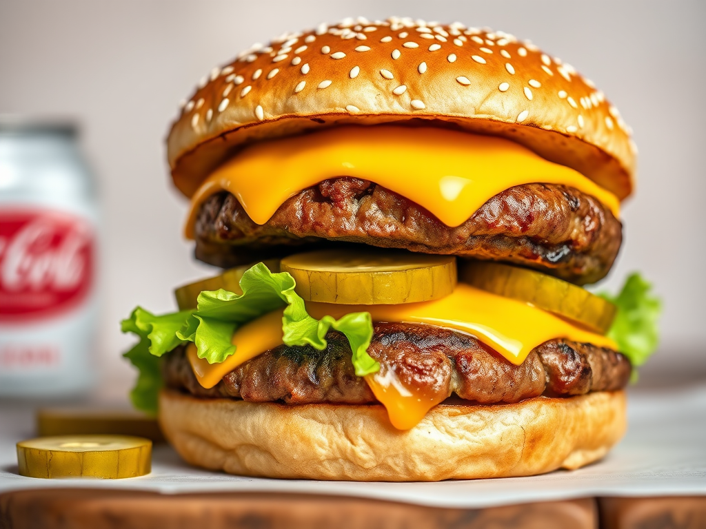 Create a high-resolution digital illustration of two stacked cheeseburgers with sesame seed buns, showcasing melting cheese, fresh lettuce, and sliced pickles, using a Canon EOS R5 with a 50mm lens, f/2.8 aperture, ISO 100, natural lighting, and a shallow depth of field to enhance the focus on the burgers.