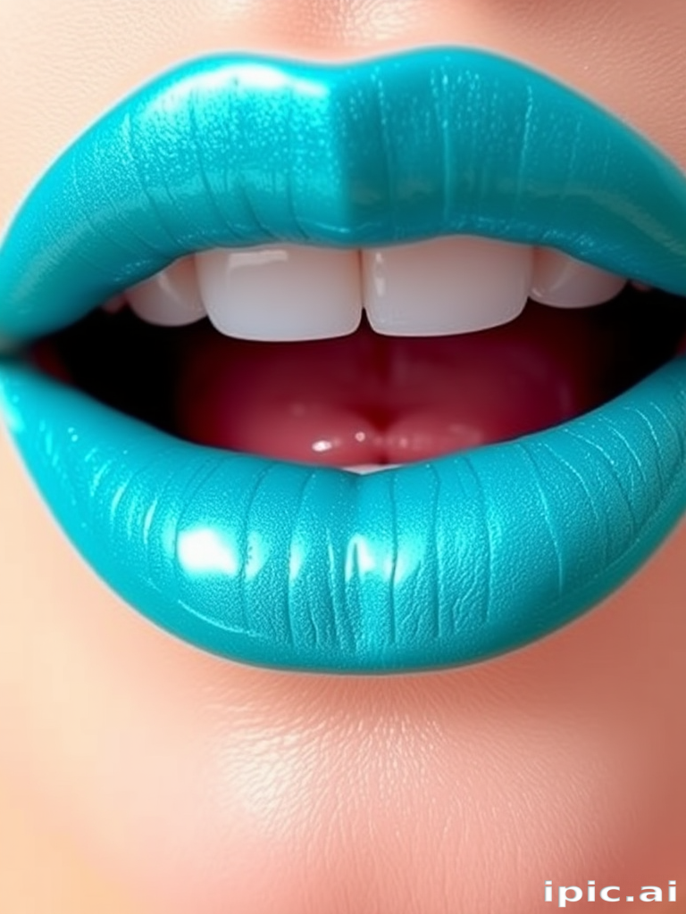 Bright turquoise lips with a glossy finish and iridescent blue-green shift, dubbed "Mermaid's Lagoon Splash"