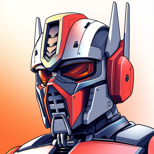 Create a highly detailed digital illustration of a robotic helmet inspired by iconic transformers, emphasizing bold lines and vibrant colors, set against a soft gradient background of warm orange and white, using a Canon EOS 5D Mark IV camera with an aperture of f/2.8, a focal length of 85mm, and a shutter speed of 1/100s for enhanced image quality.