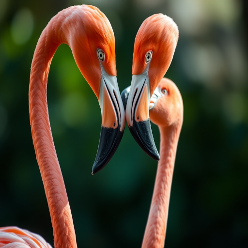 A close-up shot of two flamingos interacting, captured with a Canon EOS 5D Mark IV, 50mm lens, f/2.8 aperture, ISO 200, soft natural lighting and blurred background for a smooth bokeh effect.