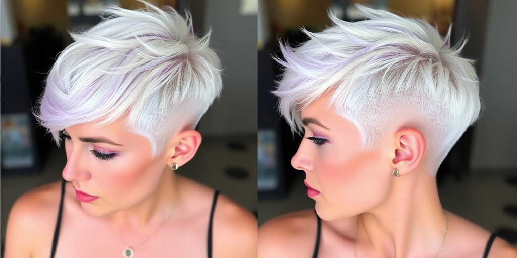 Striking platinum pixie cut with shaved sides and a textured top, accented by subtle lavender highlights throughout, exuding confidence and edginess in the "Moonlit Rebel" look