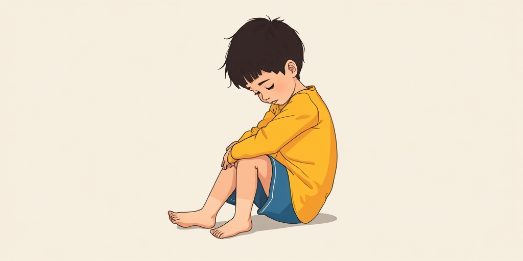 Create an illustration of a child sitting with their head down, wearing a yellow long-sleeve shirt and blue shorts, in a minimalist style with a focus on emotions, using a Canon EOS R5 with a 50mm lens, aperture f/1.8, ISO 100, natural lighting, shot from a slightly elevated angle for depth.