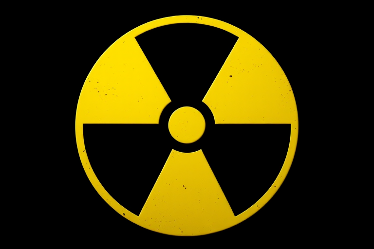 Create a high-resolution image of a yellow radioactive symbol against a black background, using a DSLR camera, f/8 aperture, 1/125 shutter speed, ISO 100, standard lens, and overhead lighting for even illumination.