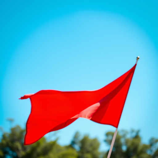 Create a vibrant depiction of a waving red flag in a clear blue sky, captured with a DSLR camera at 50mm focal length, f/2.8 aperture, ISO 100, using a shallow depth of field to blur the background and enhance the flag's details.