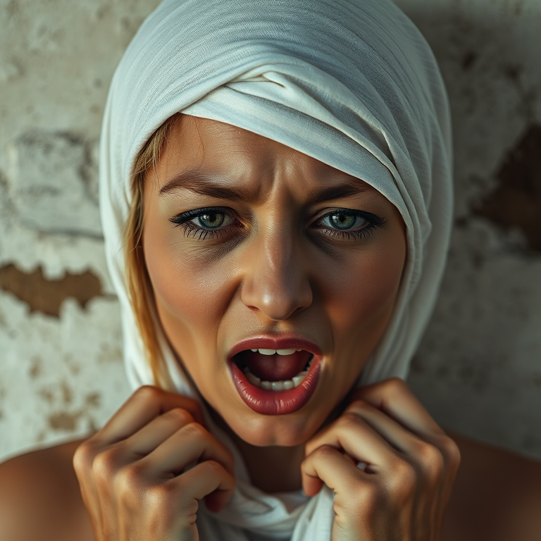 Create a close-up photographic image of a Creole woman with light skin tones shown against an old, worn wall. Their head is wrapped in a white cloth covering (i.e.... parts of the head except the nose and mouth, which are open as if they are screaming...), with a slight texture and visible folds in the fabric. Thin strands of blonde hair escape from the wrapping above, falling lightly at the top and sides. Their hands hold the fabric as if they are tugging nervously. The lighting is dramatic and even, casting strong shadows. The image has a minimalist and surreal style with an emphasis on simplicity with soft color tones. The composition is centered.