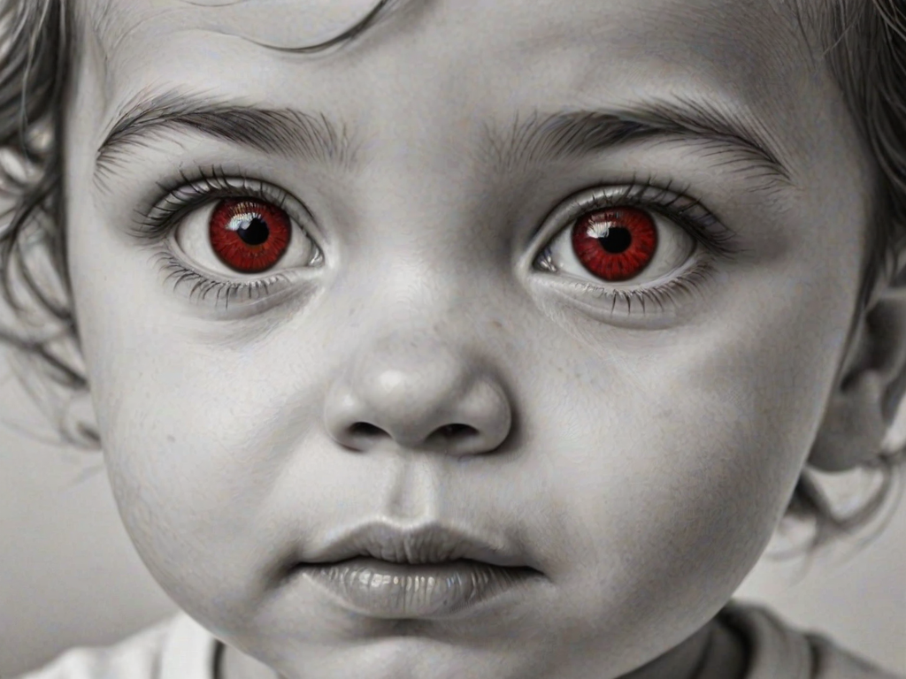A hyperdetailed photorealistic black and white sketch of a beautiful toddler with deep red eyes, with a macro focus