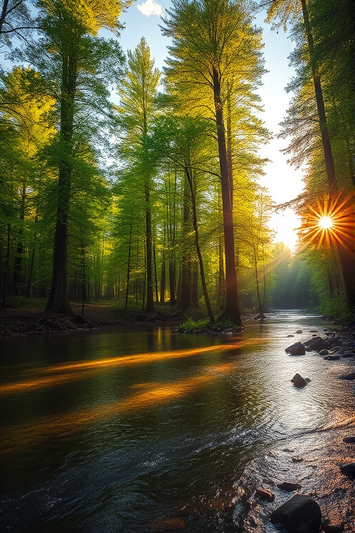 Create an image of a serene, sunlit forest scene with a clear, gently flowing river. Tall trees with lush green foliage line both sides of the river, their leaves bathed in the warm golden light of the setting or rising sun. The sunlight filters through the trees, casting soft, dappled light on the river, which flows over smooth rocks and pebbles, creating a peaceful, natural atmosphere. The sky is bright with a few scattered clouds, and the overall mood is tranquil, evoking a deep sense of connection with nature. The image captures the beauty of a calm, pristine forest landscape at either dawn or dusk.