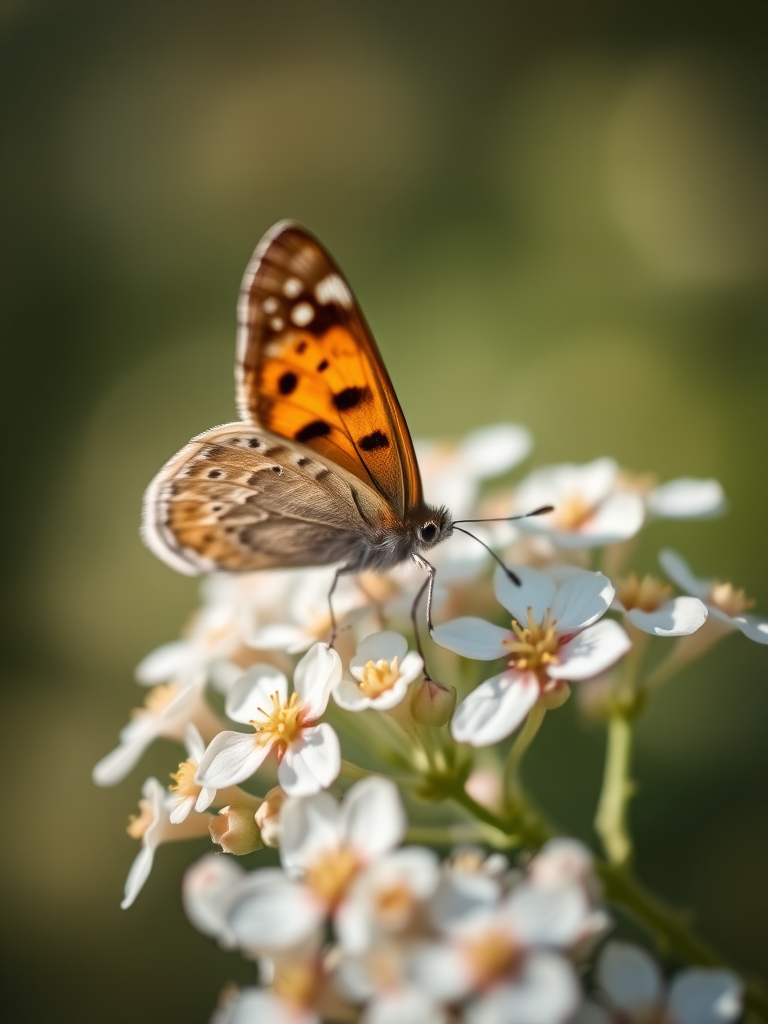 Close-up of a butterfly resting on white flowers, using a macro lens, with a shallow depth of field, soft natural lighting, f/2.8, ISO 100, shutter speed 1/200 sec, DSLR camera, focus on the butterfly with blurred background.