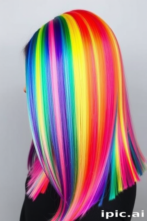 Vibrant rainbow hair dubbed "Prism Spectrum" featuring horizontal color blocking in all hues of the rainbow, styled straight and sleek for maximum impact