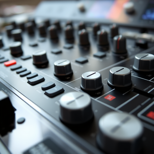 Close-up of a DJ mixer with detailed knobs and buttons, shallow depth of field, aperture f/2.8, 50mm lens, ISO 100, natural lighting, DSLR camera, focus on texture and reflections.
