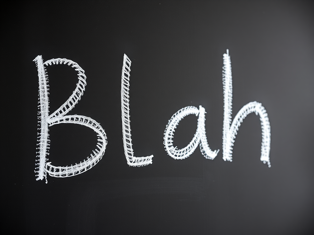 Create an image of a black chalkboard with the word "Blah" written in white chalk, using a DSLR camera with a 50mm lens, aperture set to f/1.8 for a shallow depth of field, shot in soft natural lighting from the left side, and capture it in high resolution.