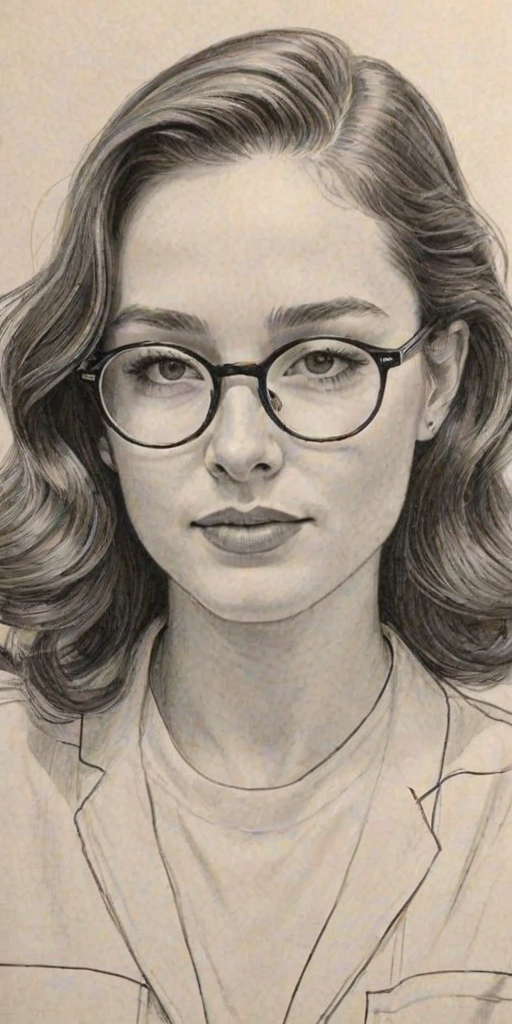 Resplendent Elliot Page, pencil sketch, portrait of Radiant woman 1942s in glasses, hair style beatnik, outline, clear lines, fine lines, 8k