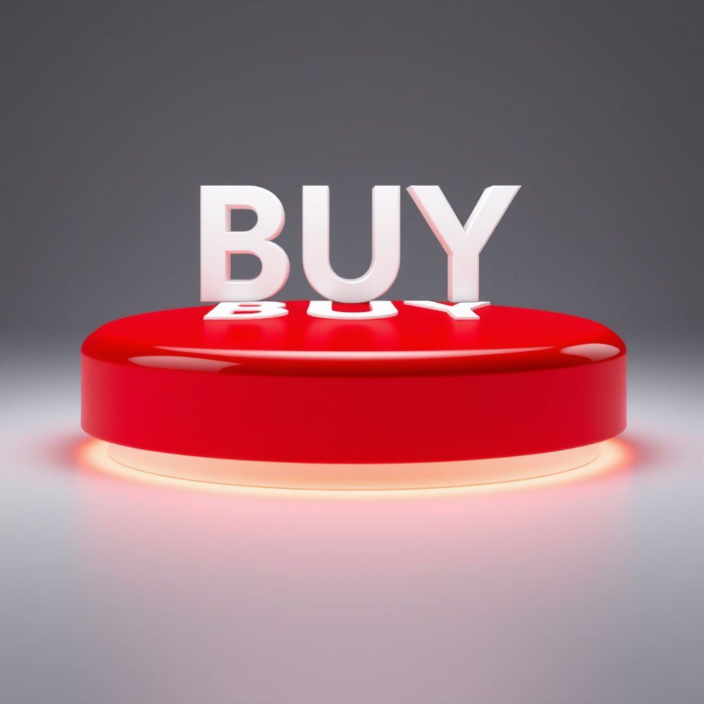 Create a 3D rendering of a large, glossy red button with the word "BUY" prominently displayed in white on top, use a DSLR camera with a 50mm lens, aperture set to f/2.8, ISO 100, shot from a low angle to highlight the button's dimensions and reflections, with soft, diffused lighting to minimize shadows.